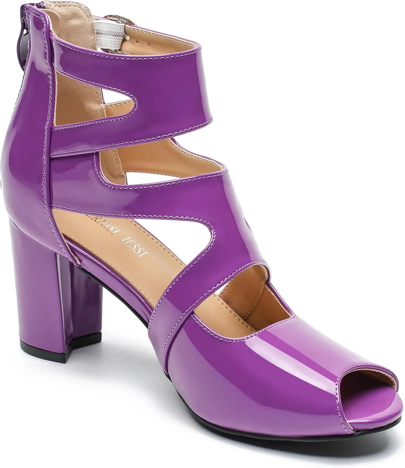 MAIERNISI JESSI Woman Gladiator Peep Toe Sandals Chunky Heels Hollow Out Zip Dress Sandals