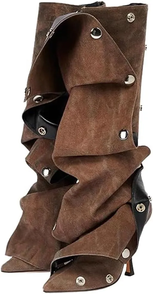 Mattiventon Women's Stiletto Knee High Boots Slouchy High Heel Boots Pointed Toe Boot with Zipper Fashion Slouchy Ruched Boot