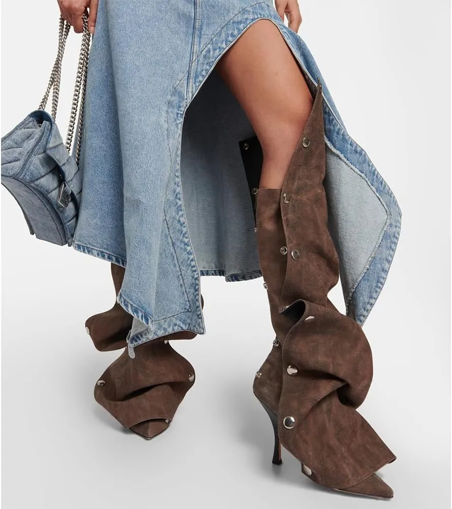 Mattiventon Women's Stiletto Knee High Boots Slouchy High Heel Boots Pointed Toe Boot with Zipper Fashion Slouchy Ruched Boot
