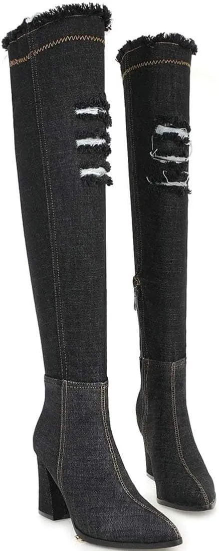 MAVMAX Denim Ankle Boots for Women Pointed Toe Chunky High Heel Jeans Denim Blue Short Mid Calf Booties with Side Zipper