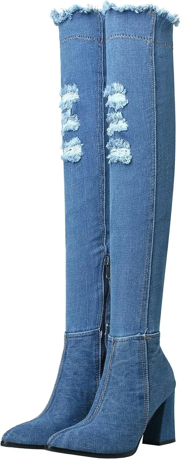 MAVMAX Denim Ankle Boots for Women Pointed Toe Chunky High Heel Jeans Denim Blue Short Mid Calf Booties with Side Zipper