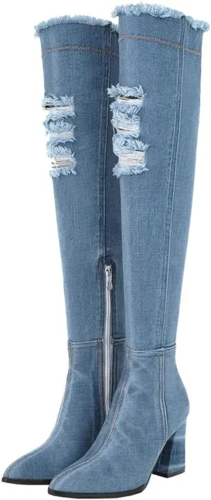 MAVMAX Denim Ankle Boots for Women Pointed Toe Chunky High Heel Jeans Denim Blue Short Mid Calf Booties with Side Zipper