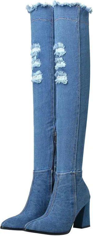 MAVMAX Denim Ankle Boots for Women Pointed Toe Chunky High Heel Jeans Denim Blue Short Mid Calf Booties with Side Zipper