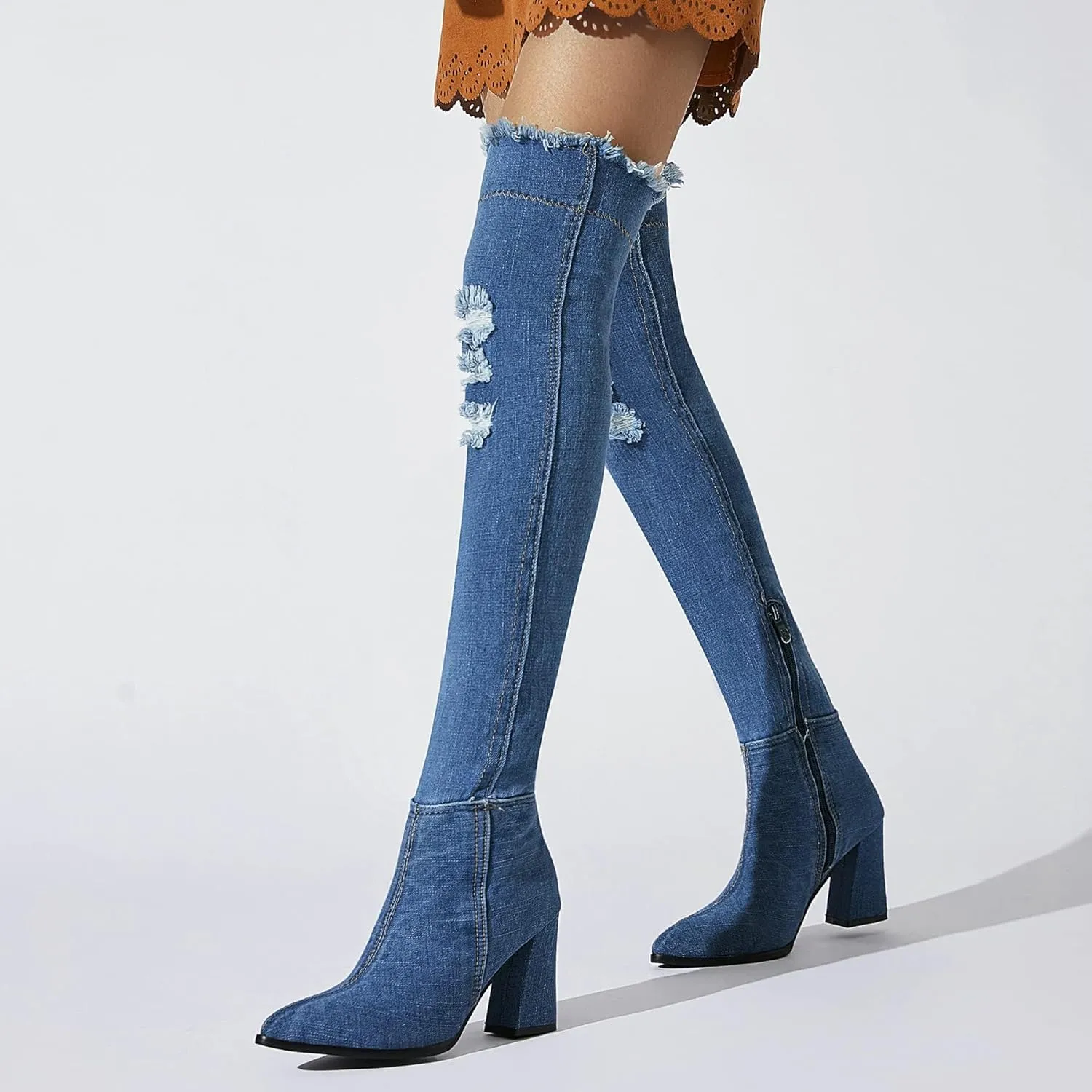 MAVMAX Denim Ankle Boots for Women Pointed Toe Chunky High Heel Jeans Denim Blue Short Mid Calf Booties with Side Zipper