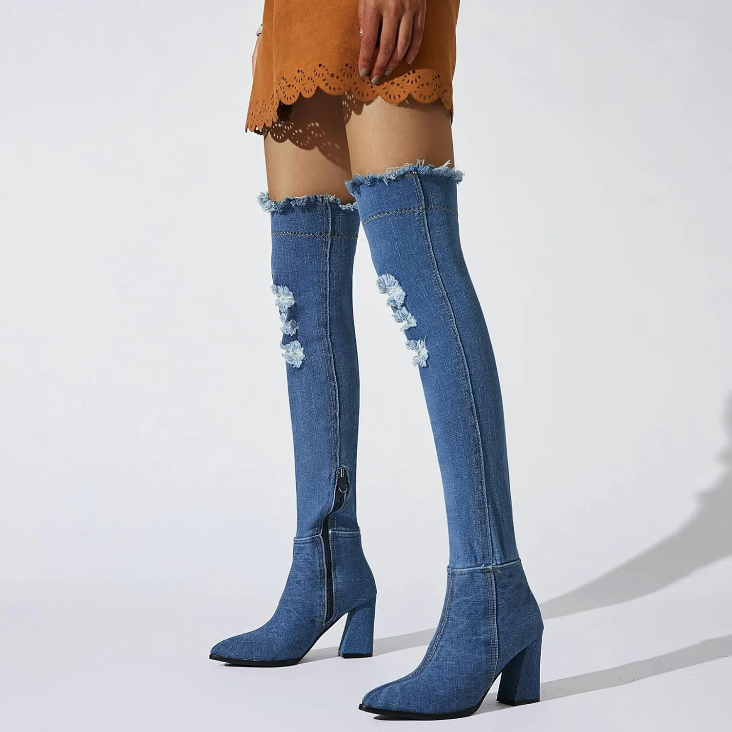 MAVMAX Denim Ankle Boots for Women Pointed Toe Chunky High Heel Jeans Denim Blue Short Mid Calf Booties with Side Zipper