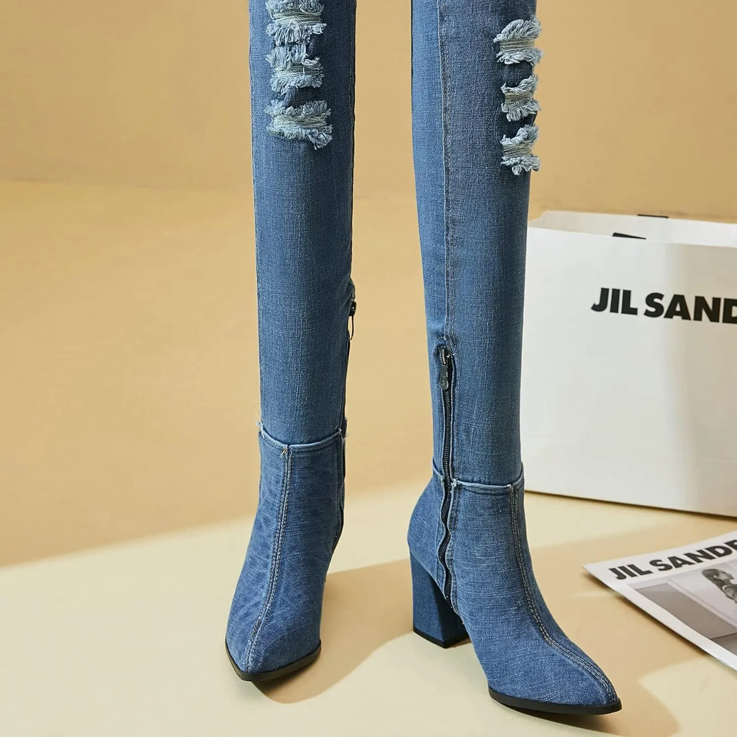 MAVMAX Denim Ankle Boots for Women Pointed Toe Chunky High Heel Jeans Denim Blue Short Mid Calf Booties with Side Zipper