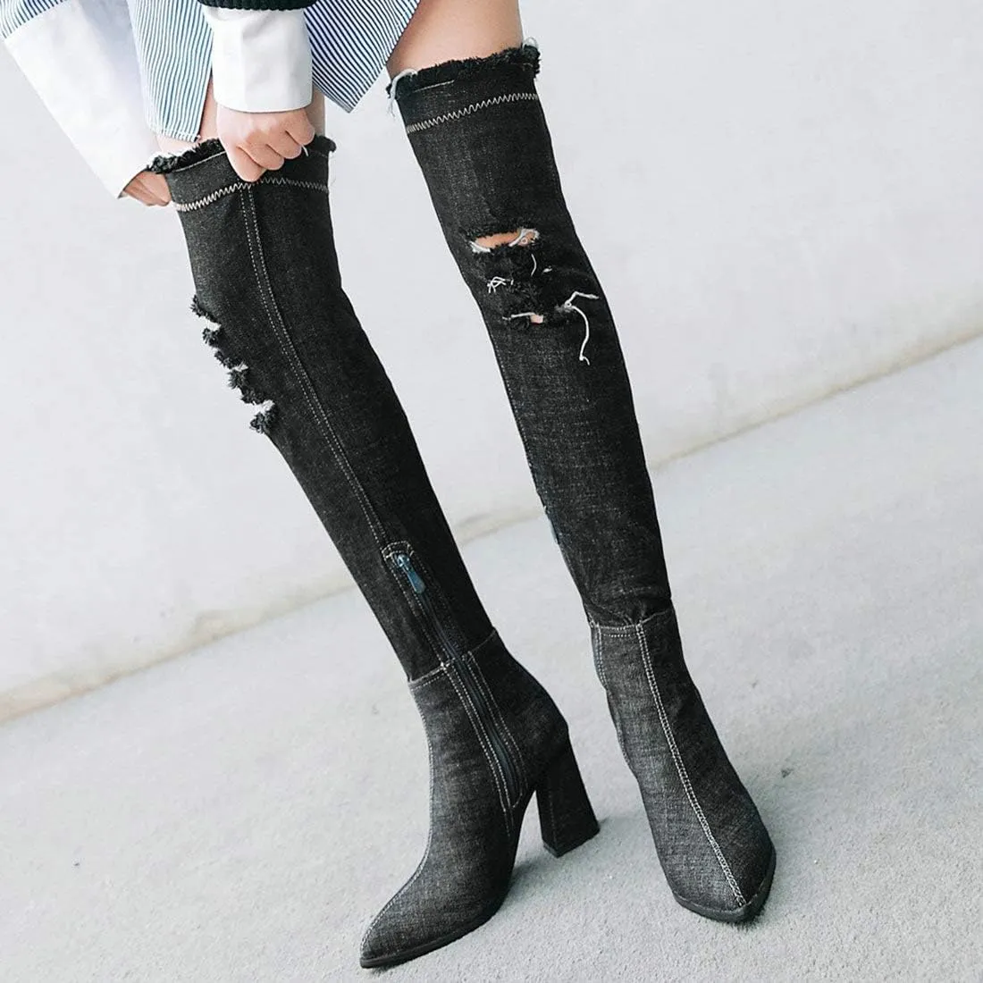 MAVMAX Denim Ankle Boots for Women Pointed Toe Chunky High Heel Jeans Denim Blue Short Mid Calf Booties with Side Zipper
