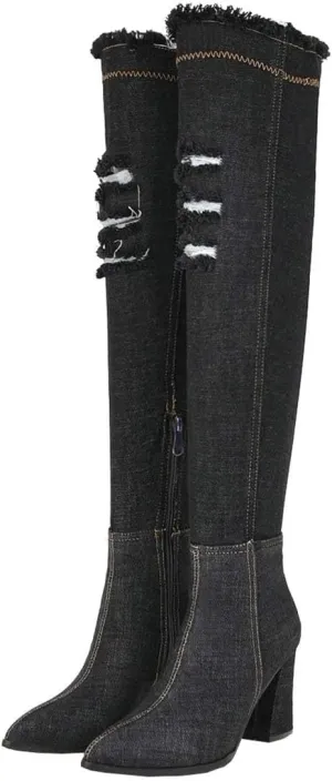 MAVMAX Denim Ankle Boots for Women Pointed Toe Chunky High Heel Jeans Denim Blue Short Mid Calf Booties with Side Zipper