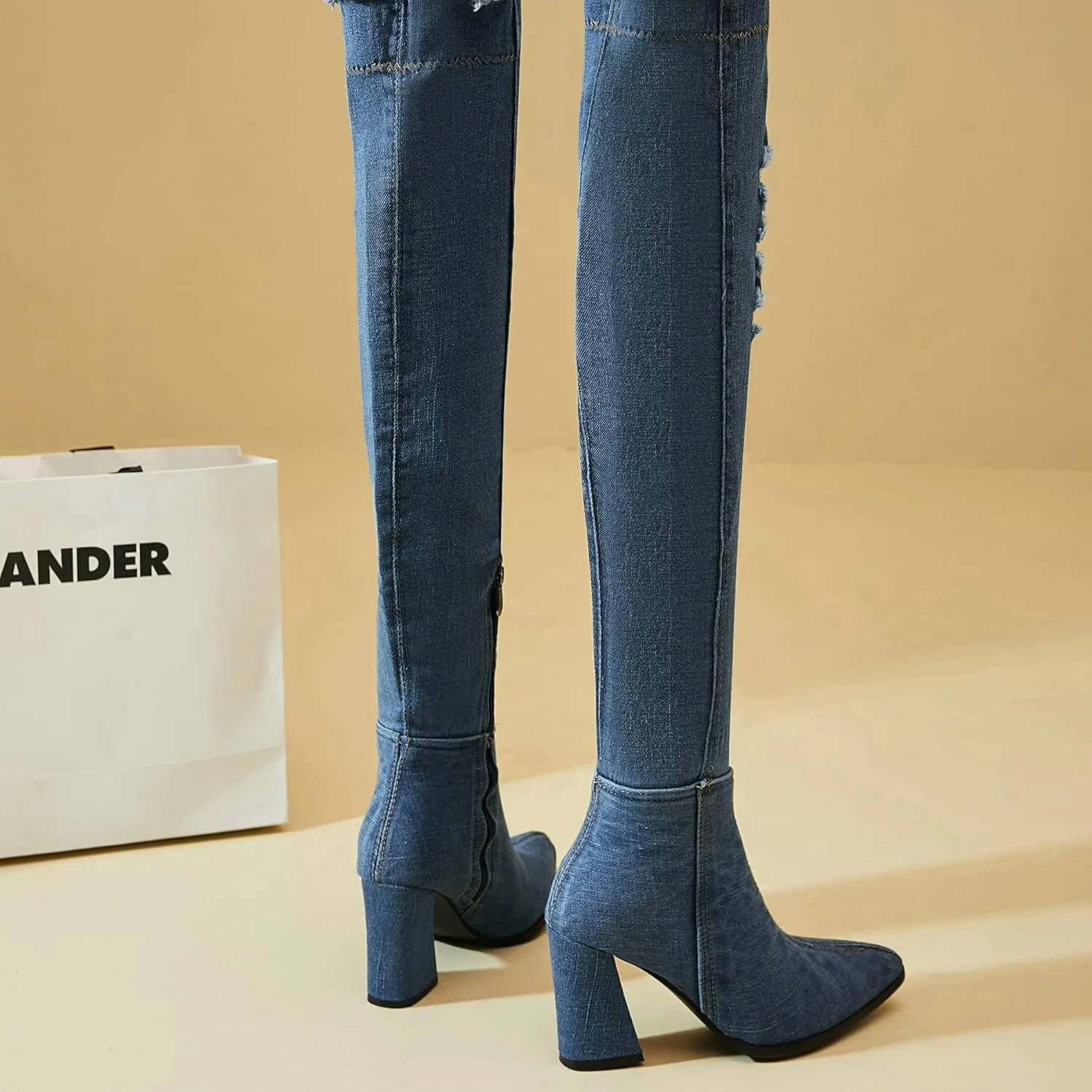 MAVMAX Denim Ankle Boots for Women Pointed Toe Chunky High Heel Jeans Denim Blue Short Mid Calf Booties with Side Zipper