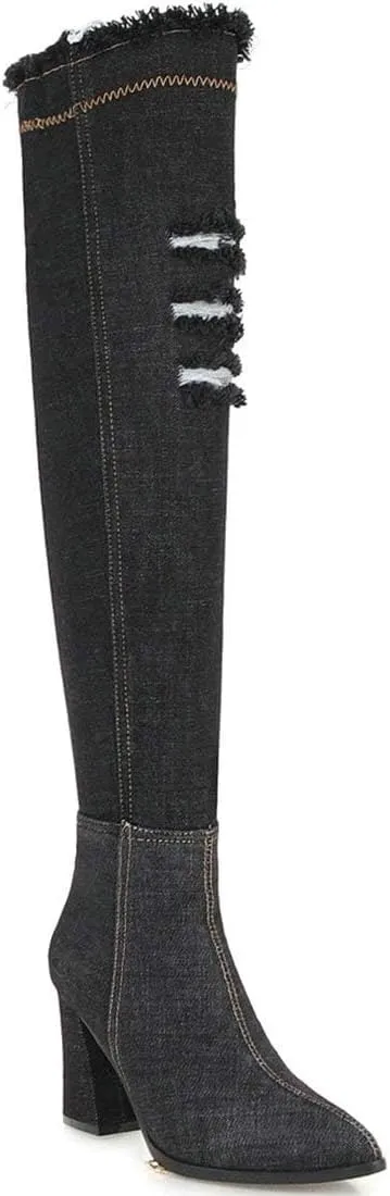 MAVMAX Denim Ankle Boots for Women Pointed Toe Chunky High Heel Jeans Denim Blue Short Mid Calf Booties with Side Zipper