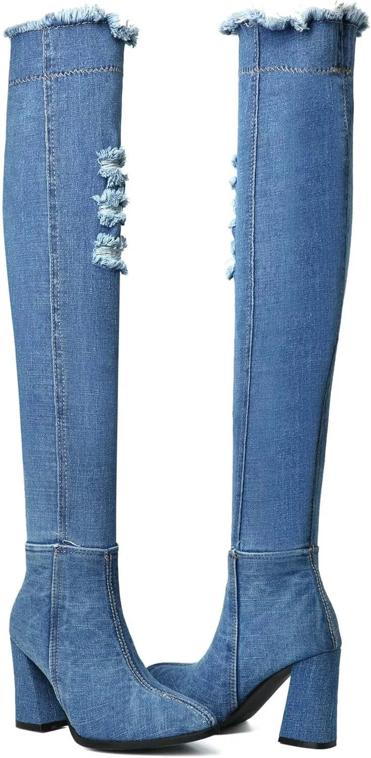 MAVMAX Denim Ankle Boots for Women Pointed Toe Chunky High Heel Jeans Denim Blue Short Mid Calf Booties with Side Zipper