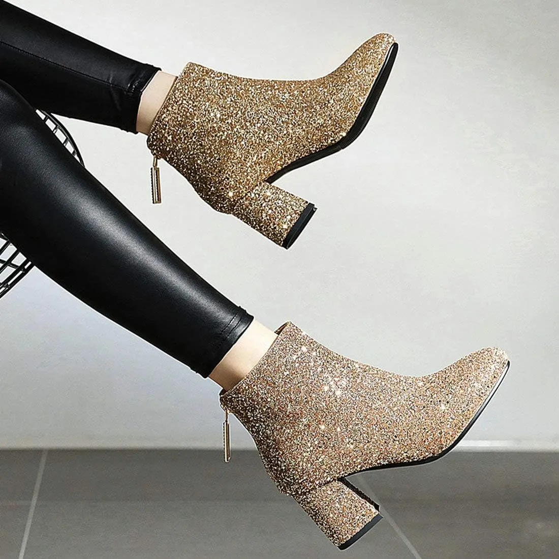 MAVMAX Women's Sequin Glitter Ankle Boots Chunky Heels Sparkly Booties