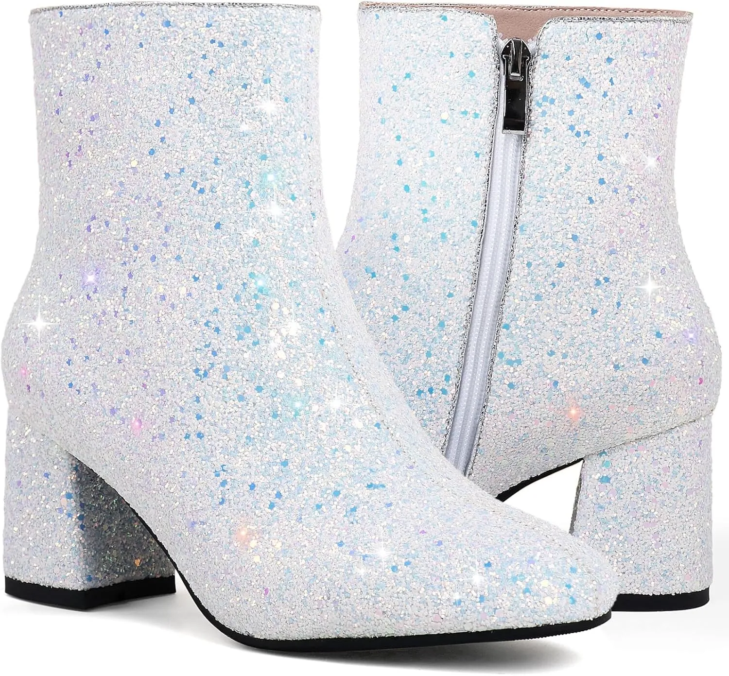 MAVMAX Women's Sequin Glitter Ankle Boots Chunky Heels Sparkly Booties