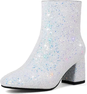 MAVMAX Women's Sequin Glitter Ankle Boots Chunky Heels Sparkly Booties