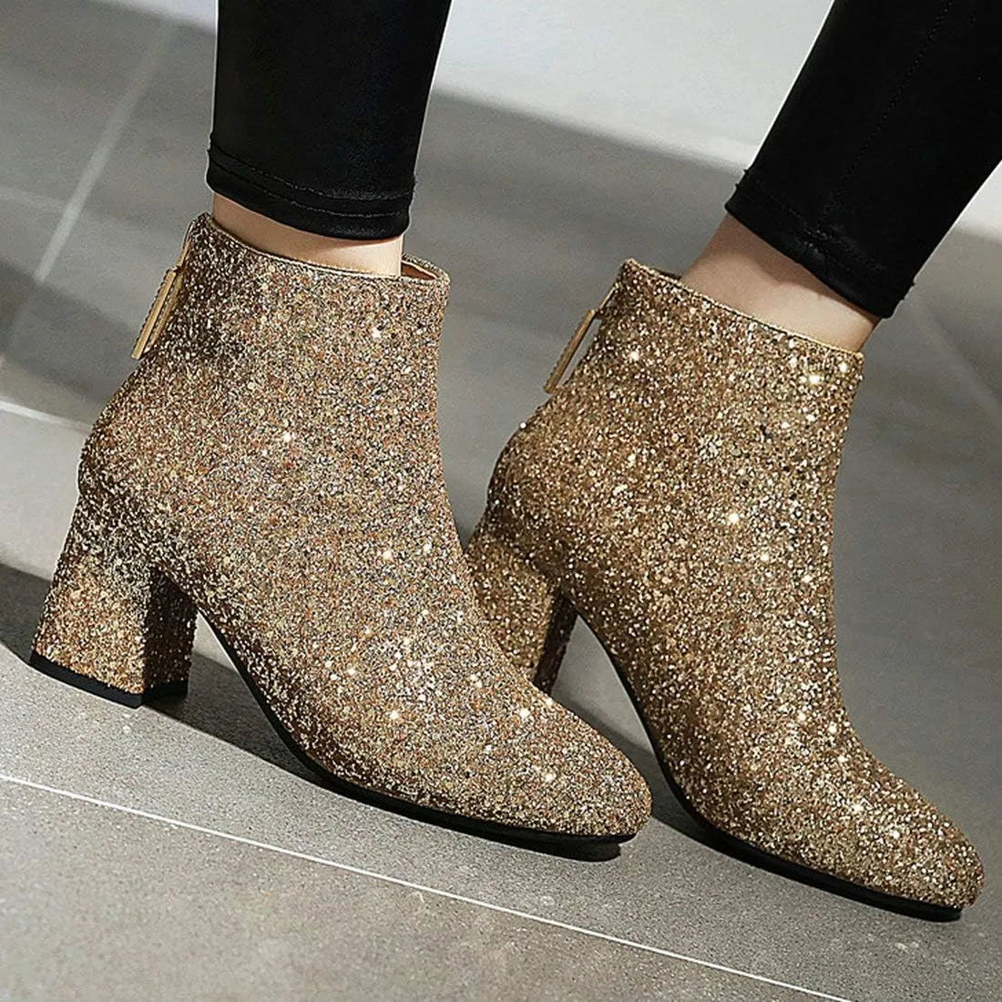 MAVMAX Women's Sequin Glitter Ankle Boots Chunky Heels Sparkly Booties