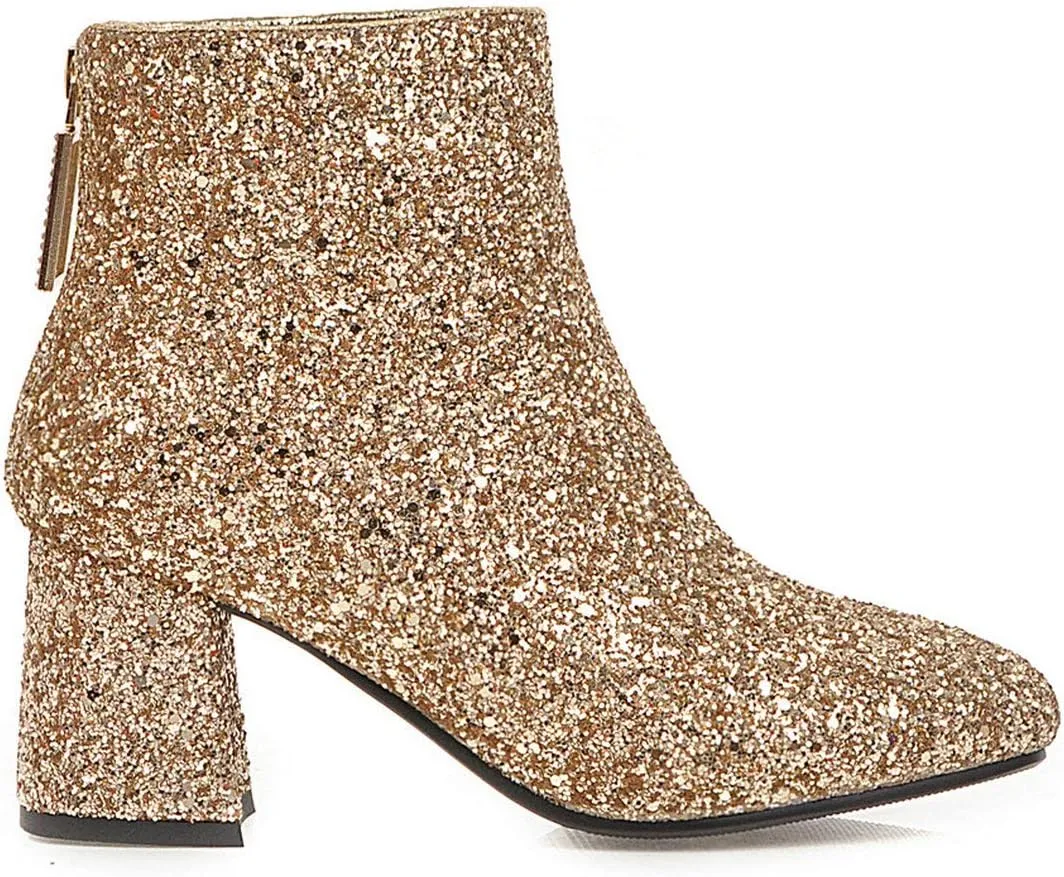 MAVMAX Women's Sequin Glitter Ankle Boots Chunky Heels Sparkly Booties