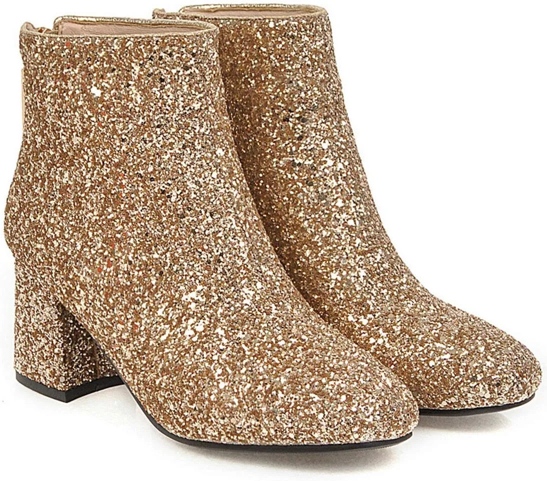 MAVMAX Women's Sequin Glitter Ankle Boots Chunky Heels Sparkly Booties