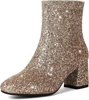 MAVMAX Women's Sequin Glitter Ankle Boots Chunky Heels Sparkly Booties
