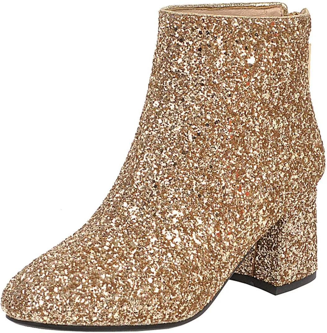 MAVMAX Women's Sequin Glitter Ankle Boots Chunky Heels Sparkly Booties