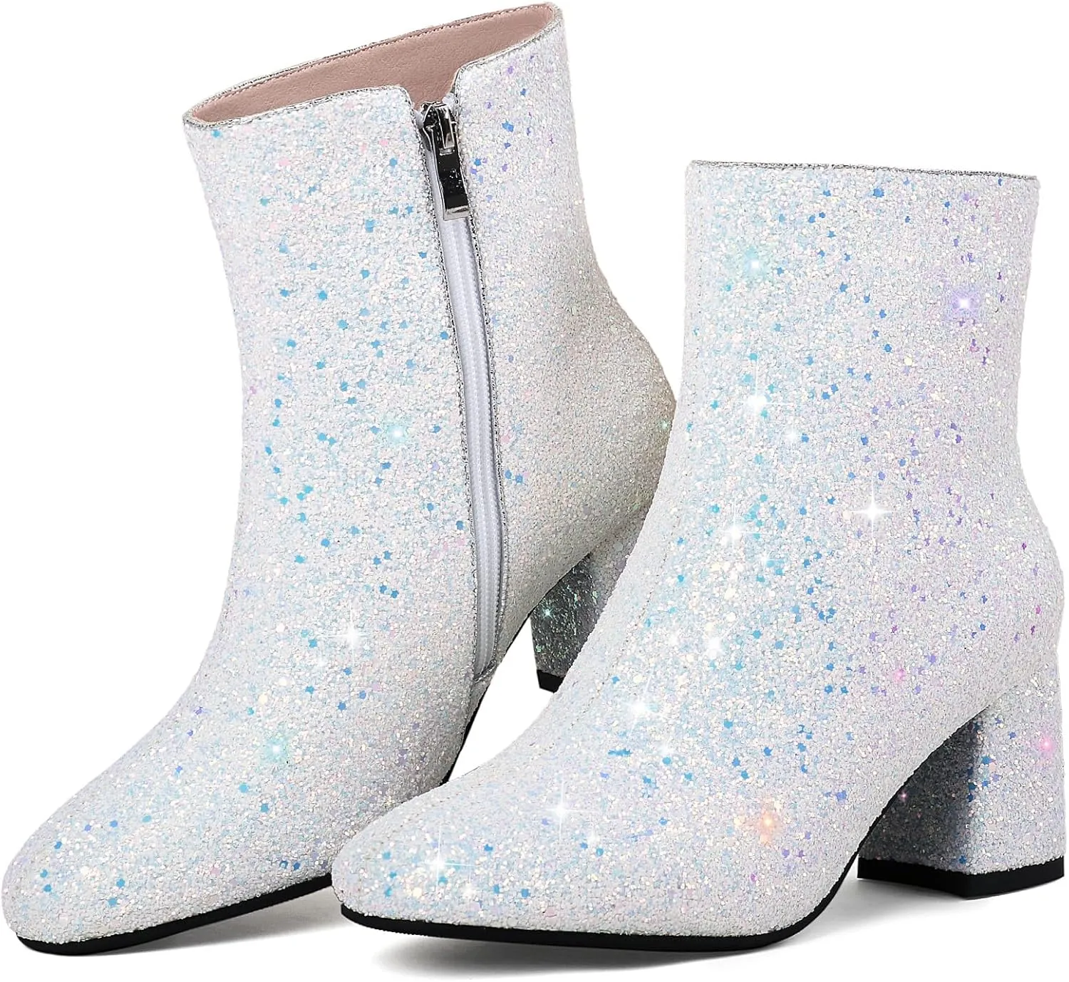 MAVMAX Women's Sequin Glitter Ankle Boots Chunky Heels Sparkly Booties