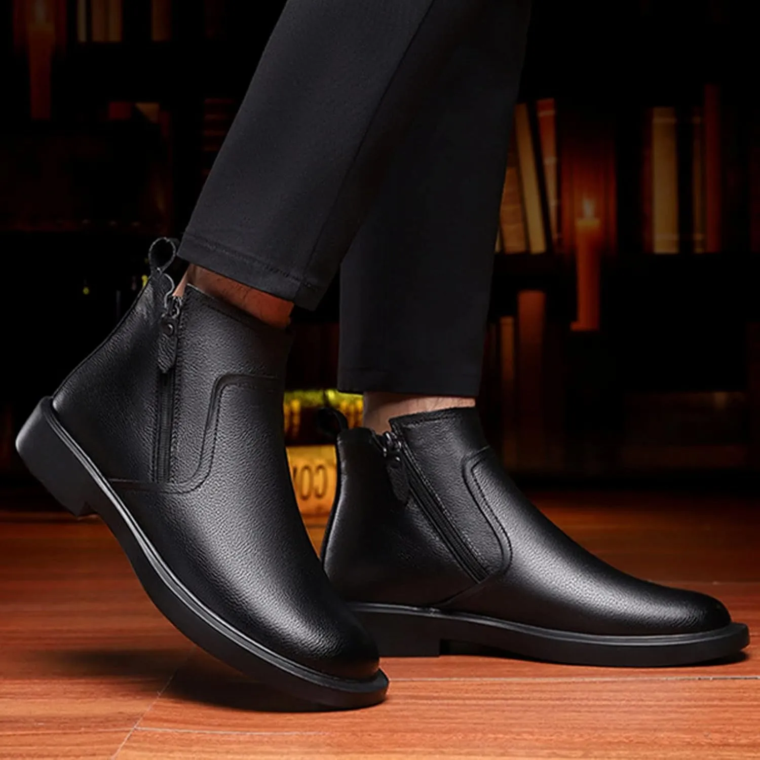 Men's Black Leather Dress Chelsea Boots,Fall Winter Comfy High Top Double Zip Premium Business Casual Ankle Booties