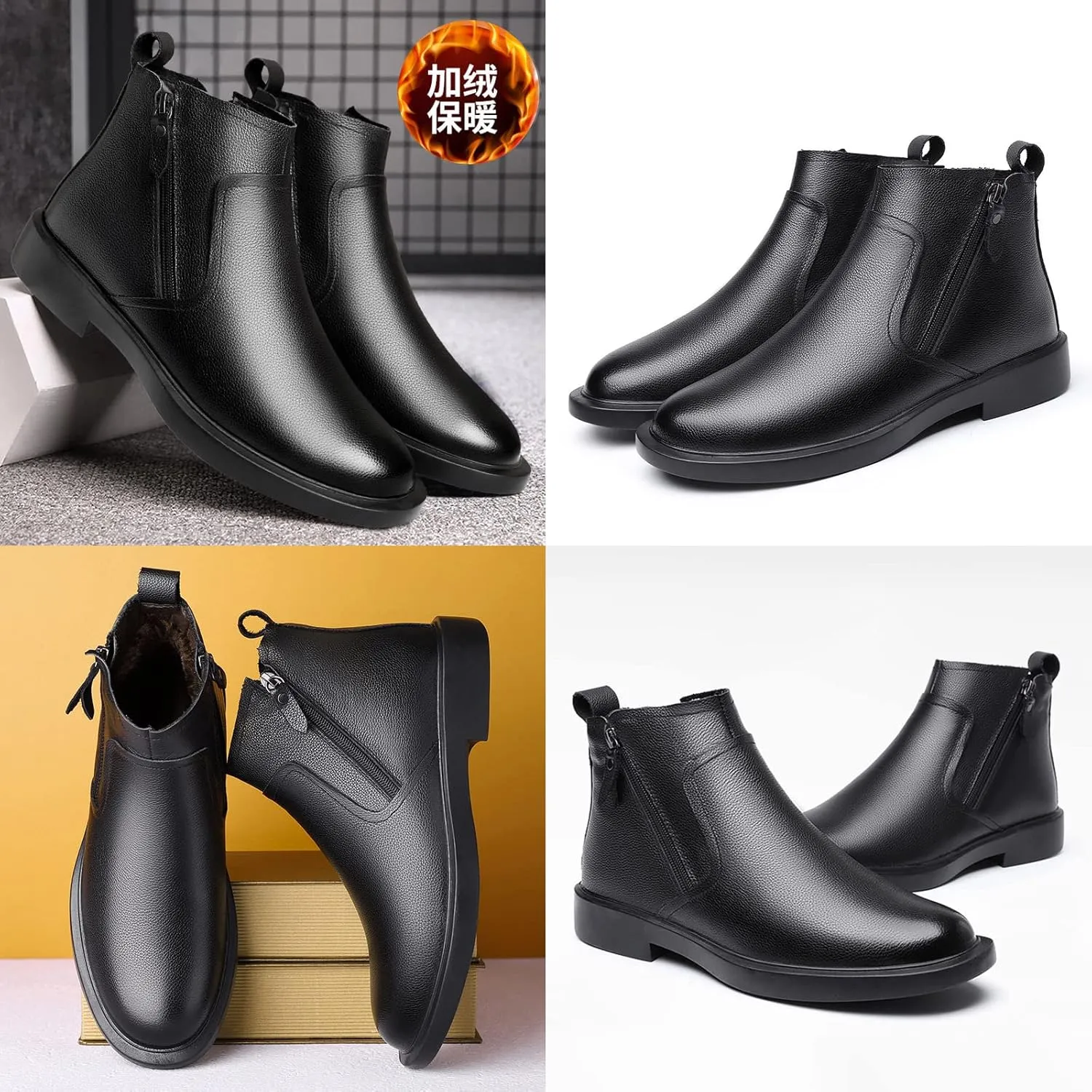 Men's Black Leather Dress Chelsea Boots,Fall Winter Comfy High Top Double Zip Premium Business Casual Ankle Booties