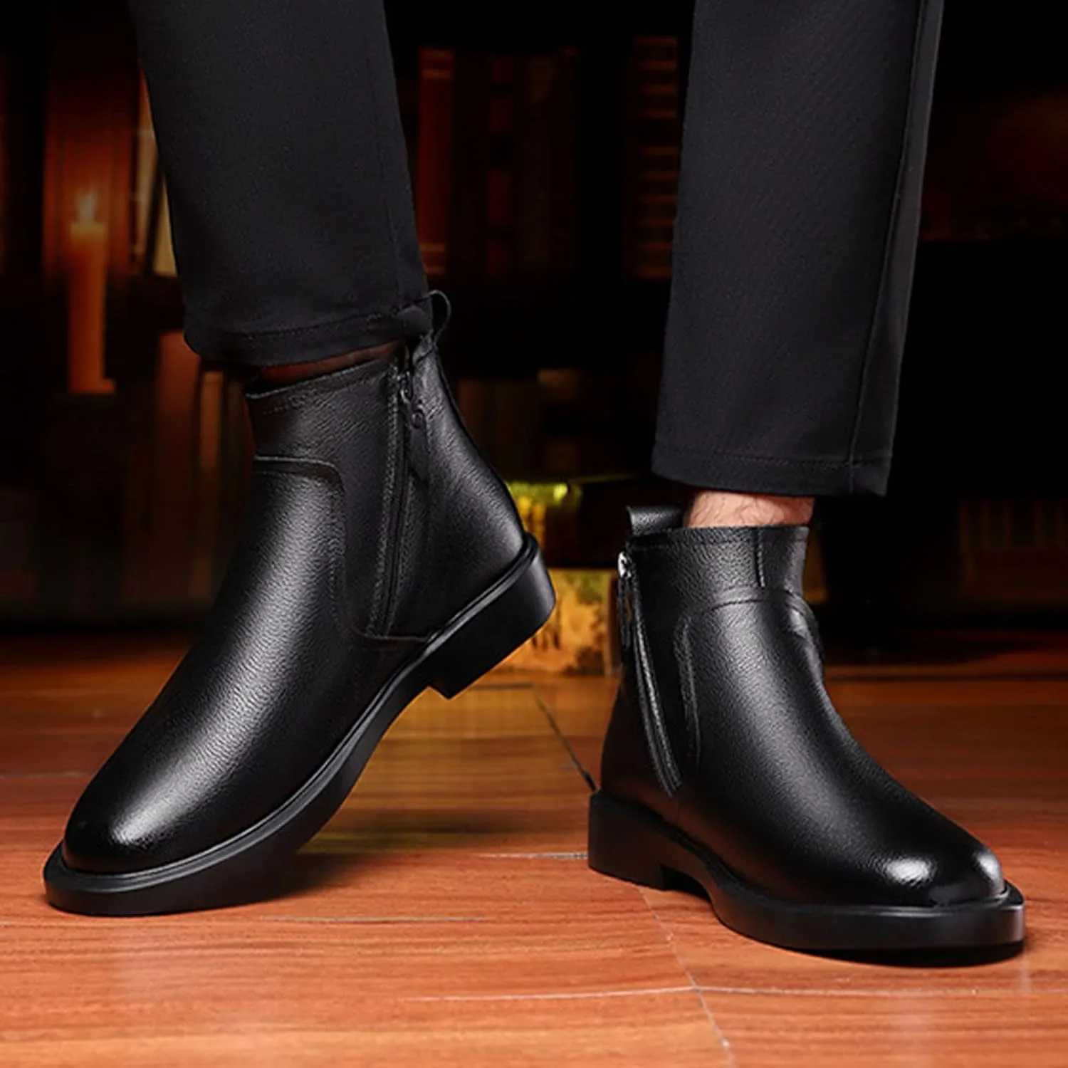 Men's Black Leather Dress Chelsea Boots,Fall Winter Comfy High Top Double Zip Premium Business Casual Ankle Booties