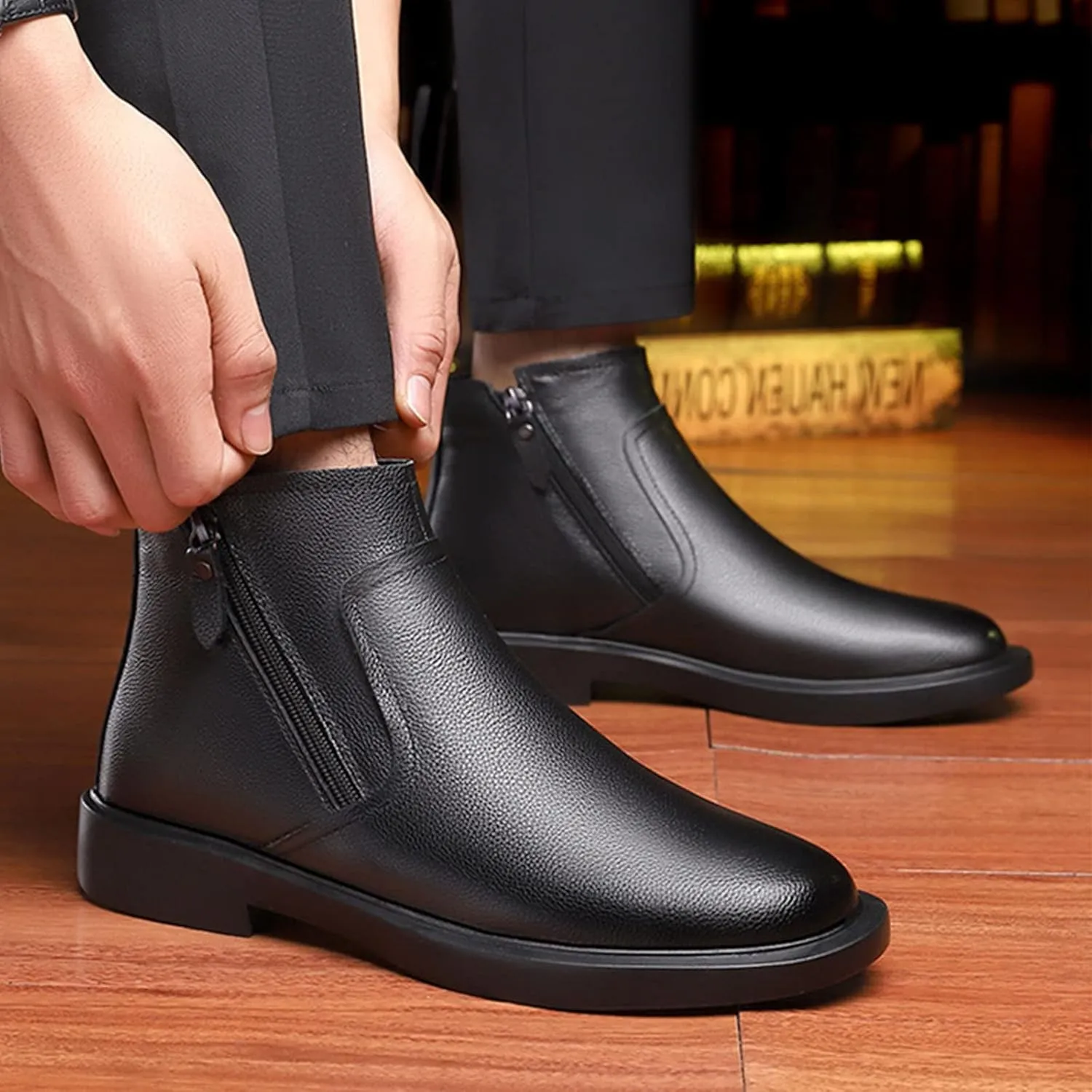 Men's Black Leather Dress Chelsea Boots,Fall Winter Comfy High Top Double Zip Premium Business Casual Ankle Booties