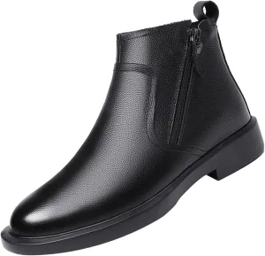 Men's Black Leather Dress Chelsea Boots,Fall Winter Comfy High Top Double Zip Premium Business Casual Ankle Booties