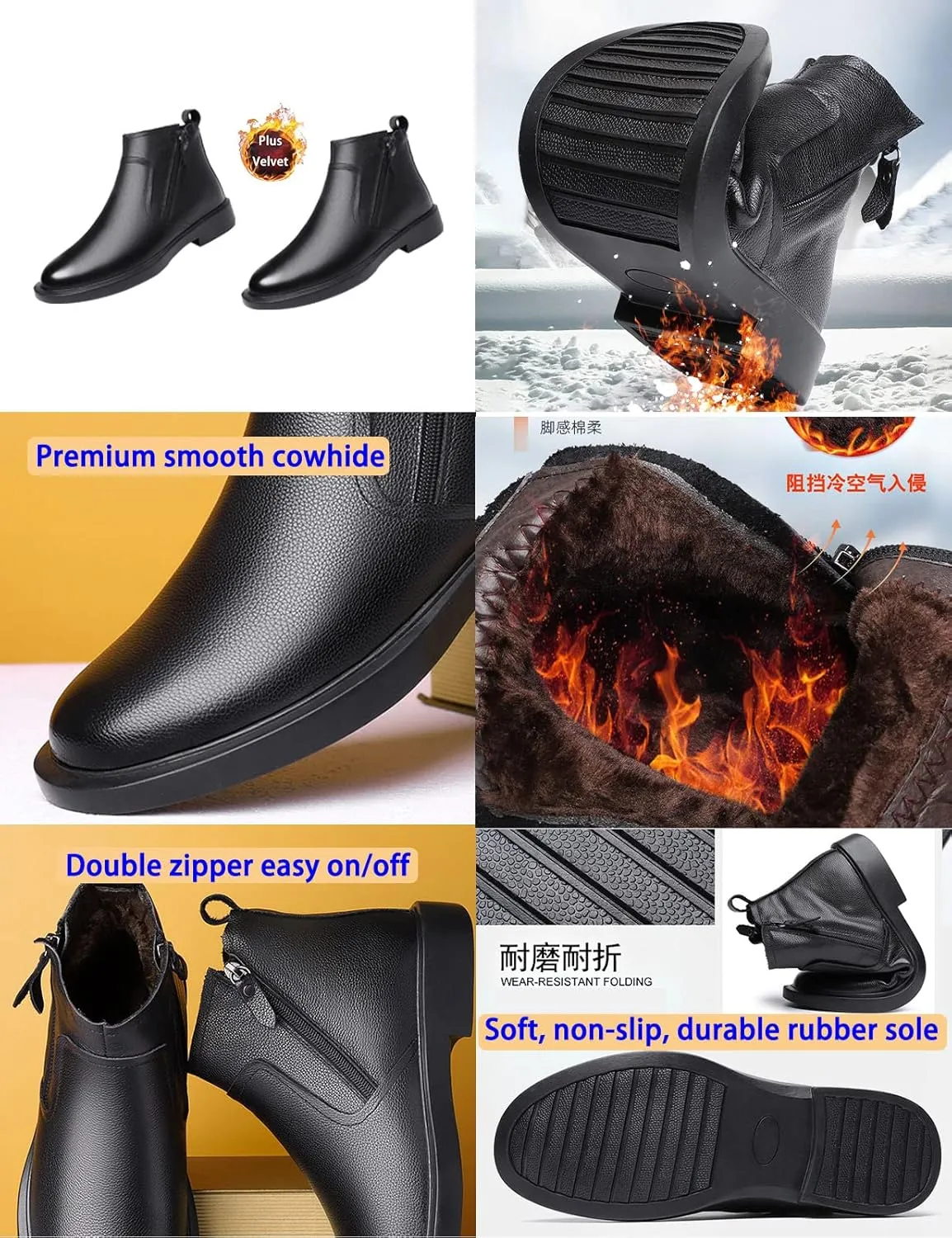 Men's Black Leather Dress Chelsea Boots,Fall Winter Comfy High Top Double Zip Premium Business Casual Ankle Booties