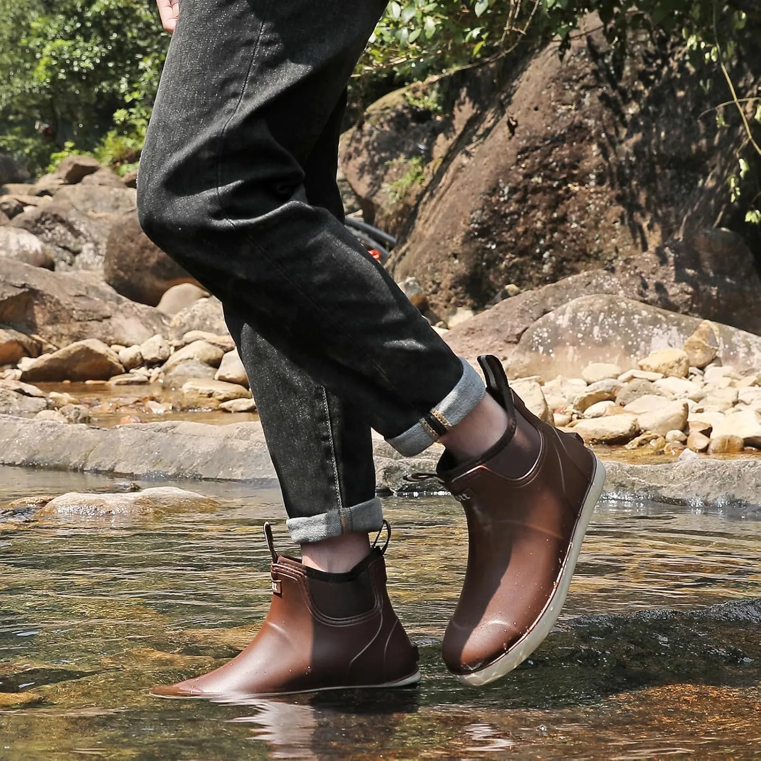 Men’s Deck Boots, Waterproof Men High Traction Fishing Boots, Lightweight Garden Rain Boots, Rubber Boots for Work Ankle, Durable Water Shoes for Boat