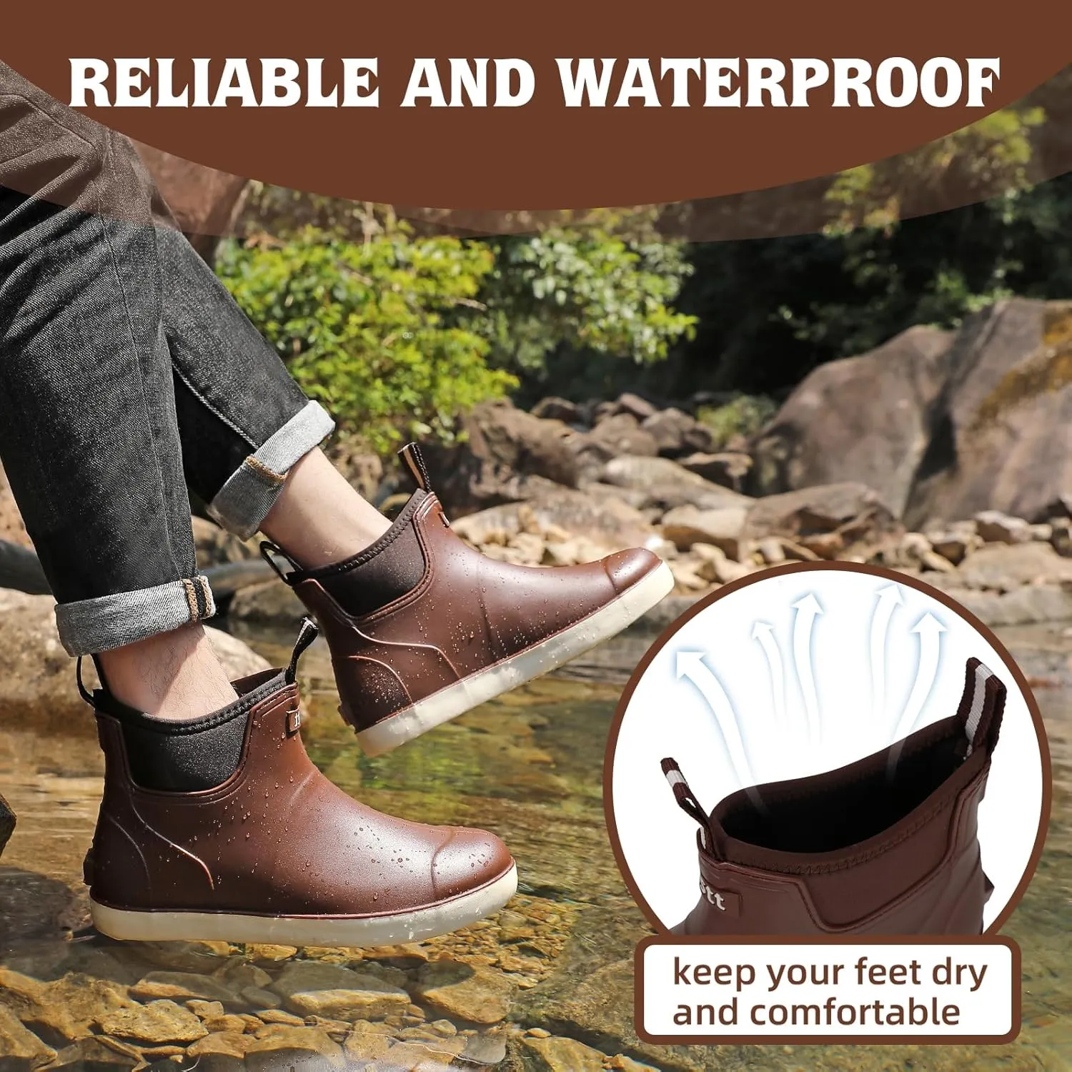 Men’s Deck Boots, Waterproof Men High Traction Fishing Boots, Lightweight Garden Rain Boots, Rubber Boots for Work Ankle, Durable Water Shoes for Boat