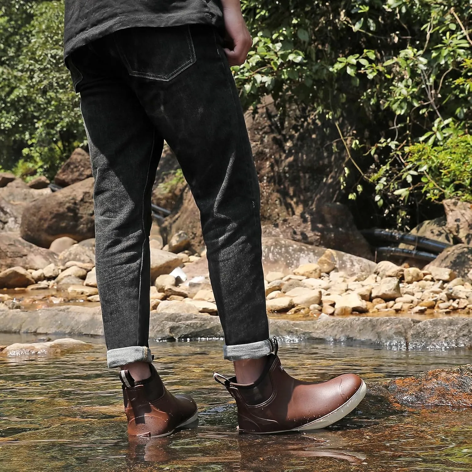 Men’s Deck Boots, Waterproof Men High Traction Fishing Boots, Lightweight Garden Rain Boots, Rubber Boots for Work Ankle, Durable Water Shoes for Boat