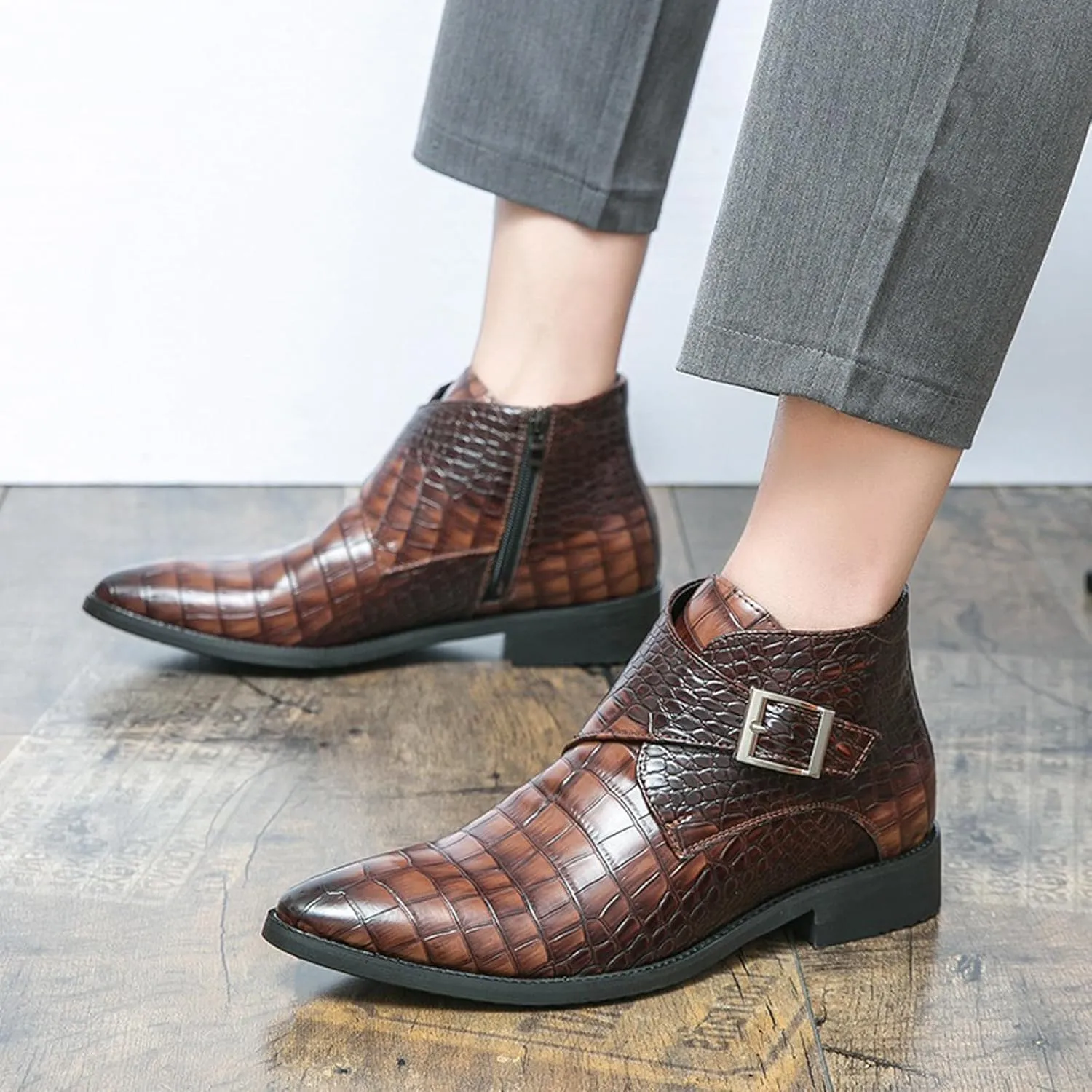Men's Leather Chelsea Ankle Boots Fashion Pointed Toe Monk Strap Low Chunky Heel Formal Business Dress Chukka Boots with Side Zipper