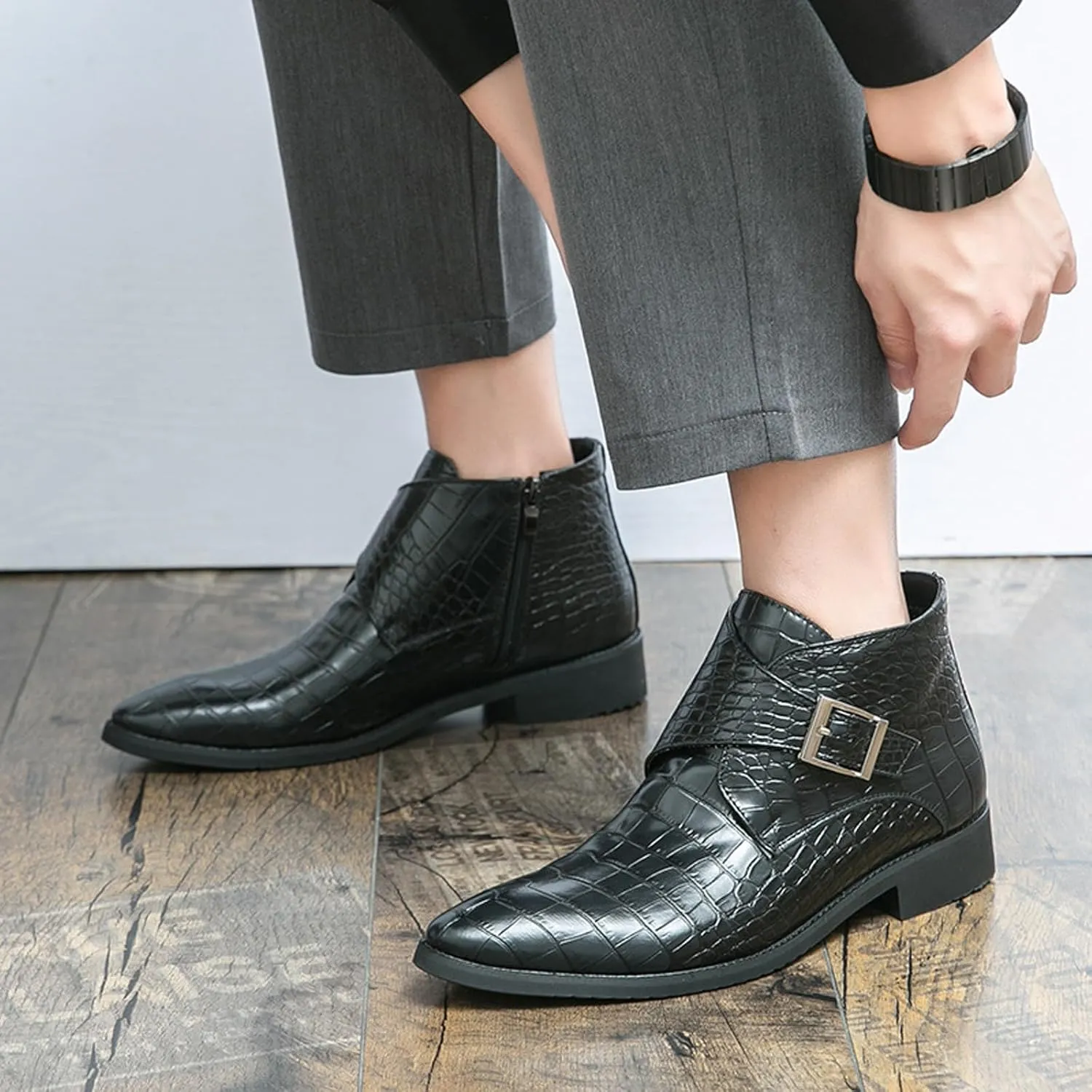 Men's Leather Chelsea Ankle Boots Fashion Pointed Toe Monk Strap Low Chunky Heel Formal Business Dress Chukka Boots with Side Zipper