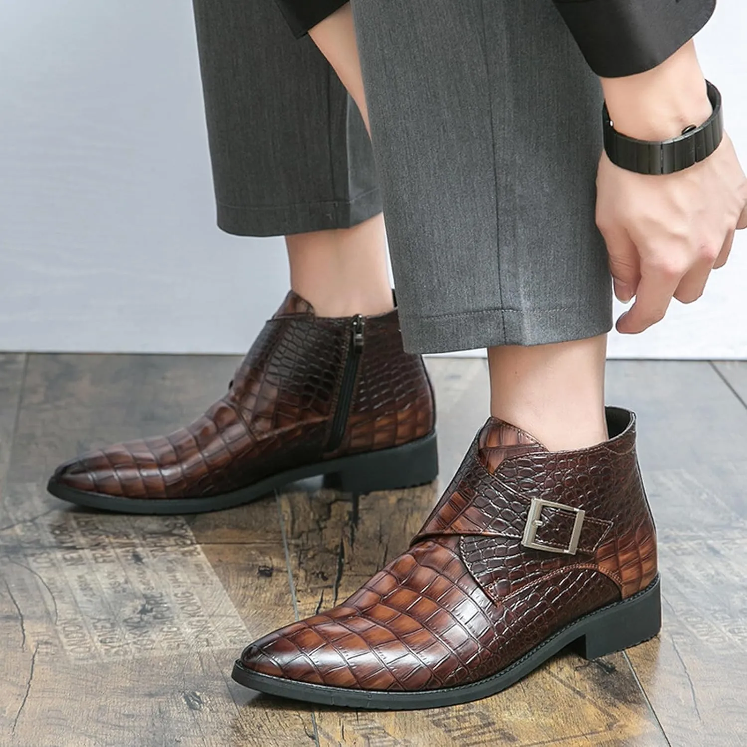 Men's Leather Chelsea Ankle Boots Fashion Pointed Toe Monk Strap Low Chunky Heel Formal Business Dress Chukka Boots with Side Zipper