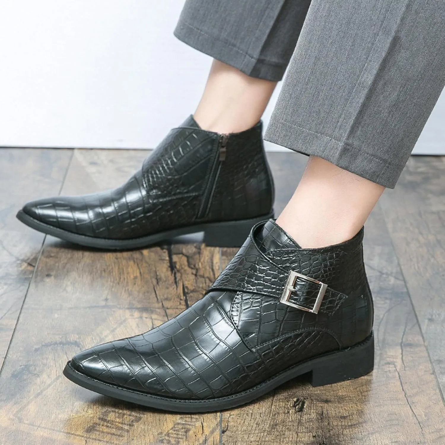 Men's Leather Chelsea Ankle Boots Fashion Pointed Toe Monk Strap Low Chunky Heel Formal Business Dress Chukka Boots with Side Zipper