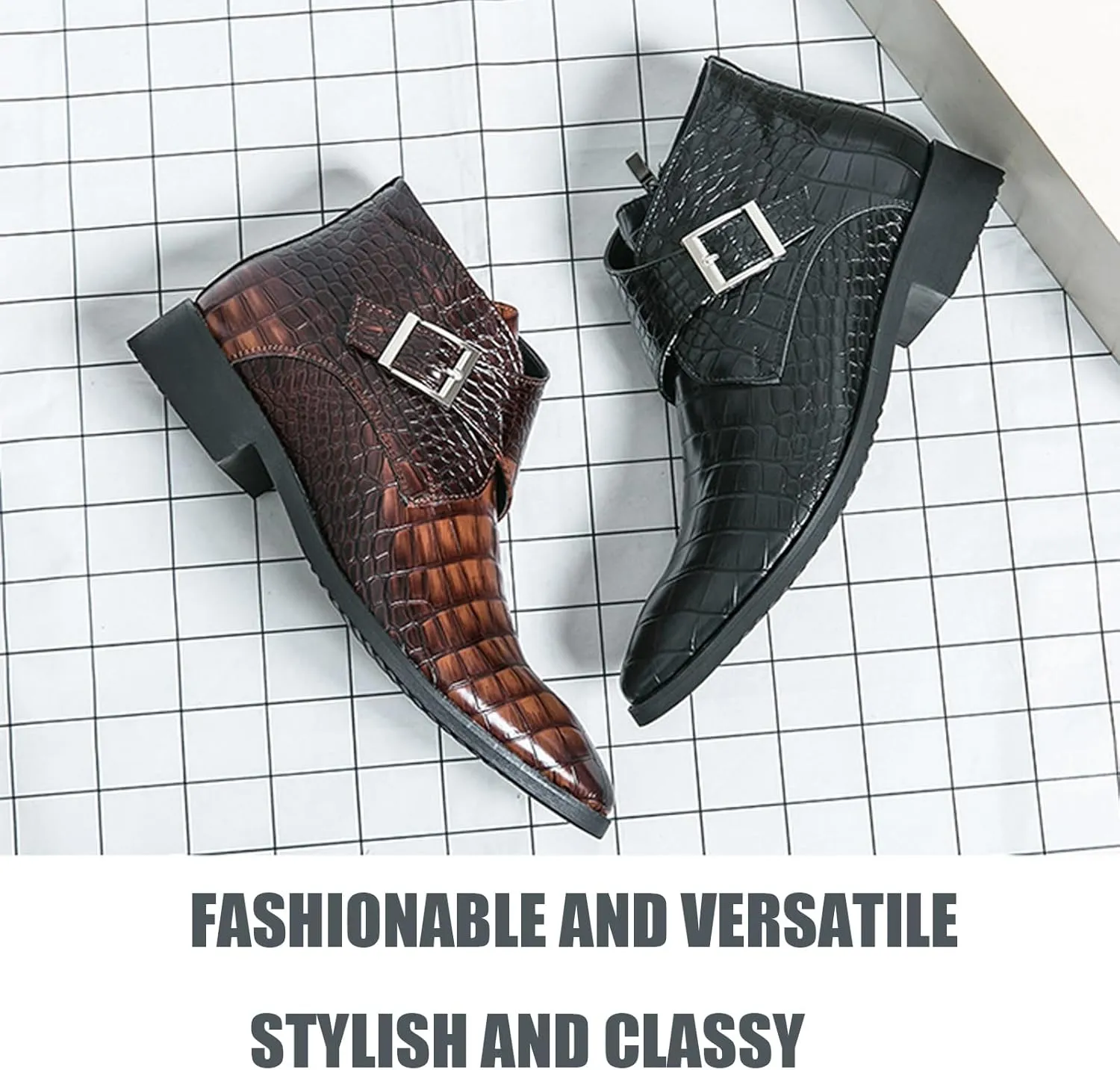 Men's Leather Chelsea Ankle Boots Fashion Pointed Toe Monk Strap Low Chunky Heel Formal Business Dress Chukka Boots with Side Zipper