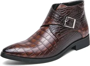 Men's Leather Chelsea Ankle Boots Fashion Pointed Toe Monk Strap Low Chunky Heel Formal Business Dress Chukka Boots with Side Zipper