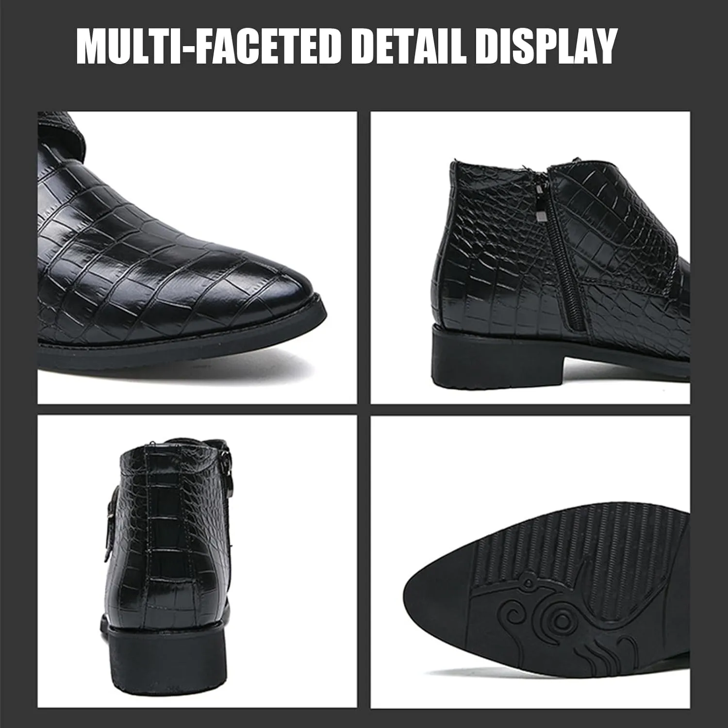 Men's Leather Chelsea Ankle Boots Fashion Pointed Toe Monk Strap Low Chunky Heel Formal Business Dress Chukka Boots with Side Zipper