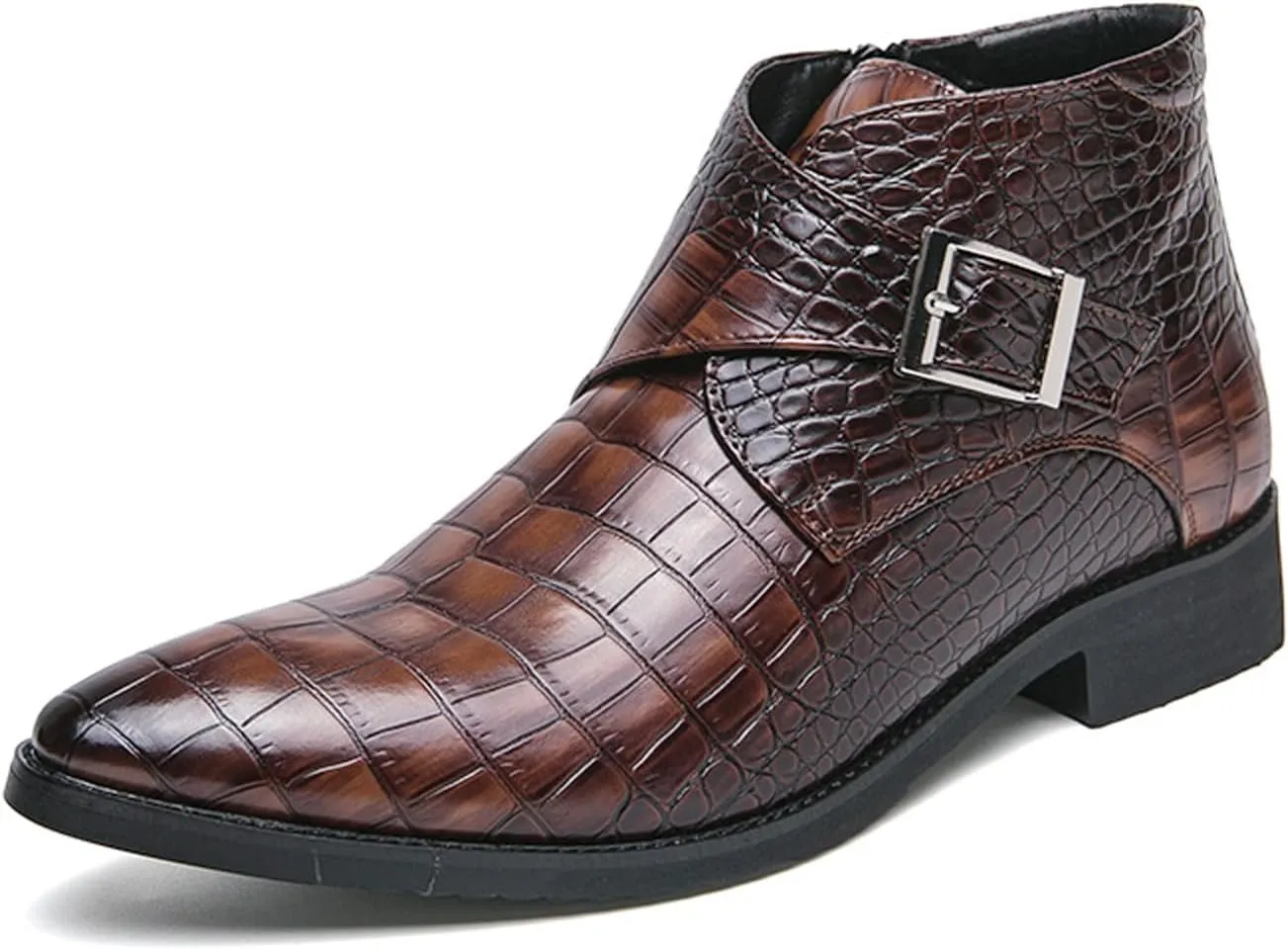 Men's Leather Chelsea Ankle Boots Fashion Pointed Toe Monk Strap Low Chunky Heel Formal Business Dress Chukka Boots with Side Zipper