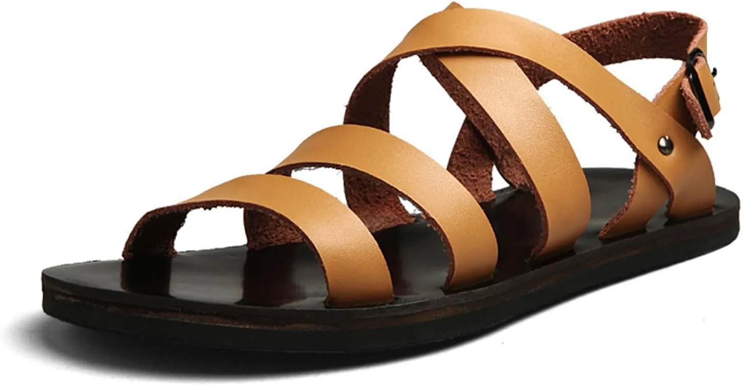 Men's Leather Cutout Flat Fisherman Sandals with Adjustable Ankle Buckle Lightweight Non-Slip Gladiator Sandals Fashion Open Toe Summer Beach Sandals
