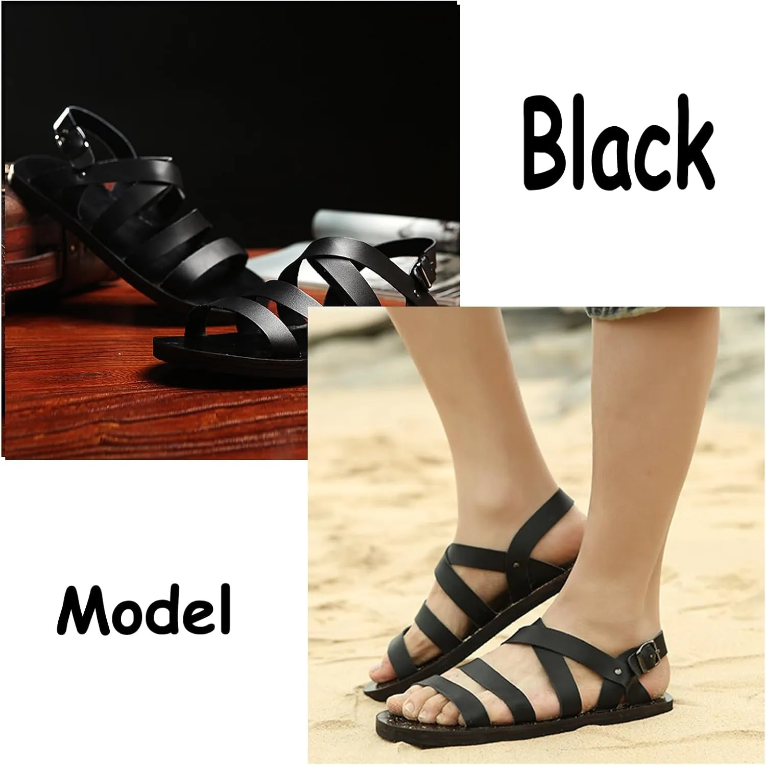 Men's Leather Cutout Flat Fisherman Sandals with Adjustable Ankle Buckle Lightweight Non-Slip Gladiator Sandals Fashion Open Toe Summer Beach Sandals