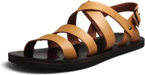 Men's Leather Cutout Flat Fisherman Sandals with Adjustable Ankle Buckle Lightweight Non-Slip Gladiator Sandals Fashion Open Toe Summer Beach Sandals