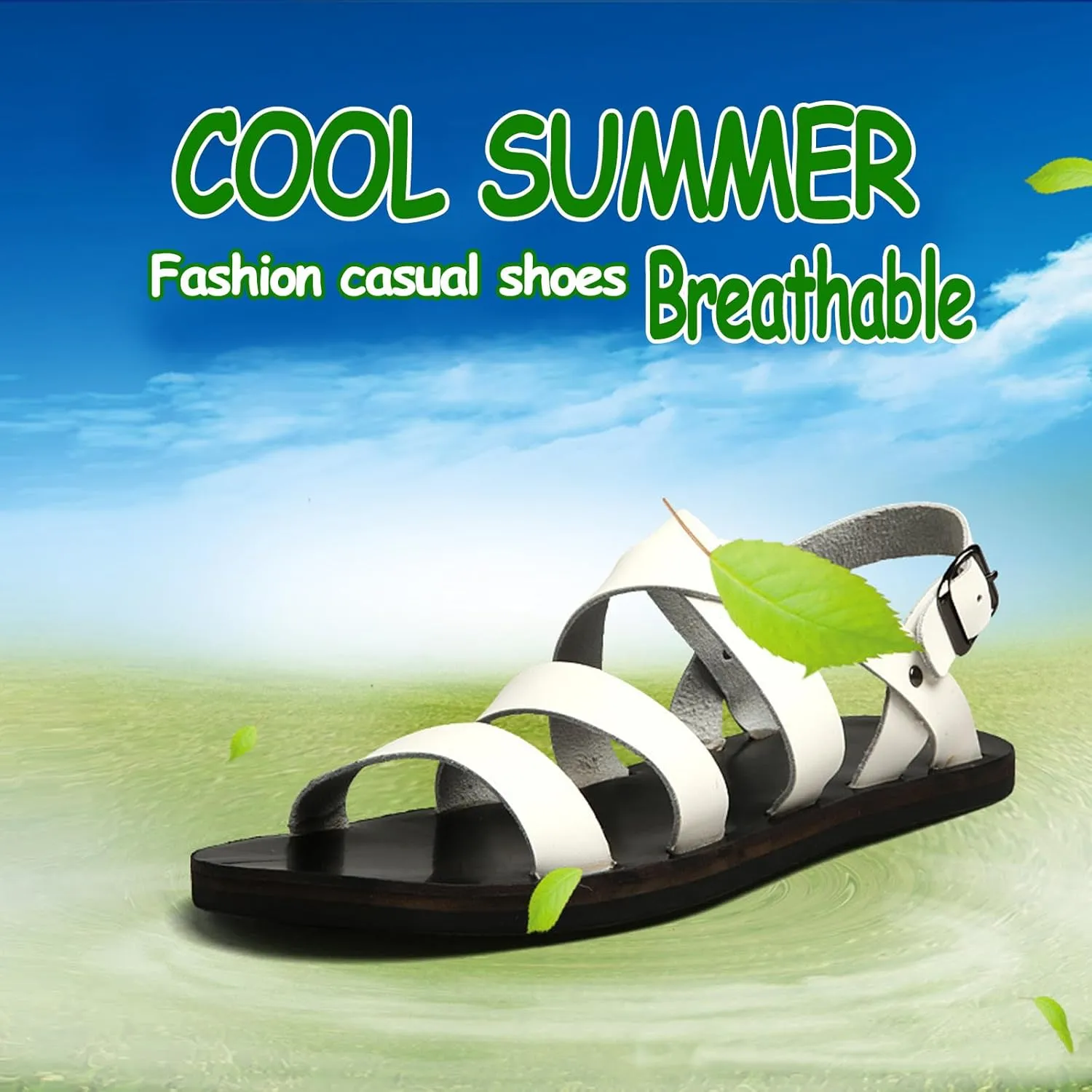 Men's Leather Cutout Flat Fisherman Sandals with Adjustable Ankle Buckle Lightweight Non-Slip Gladiator Sandals Fashion Open Toe Summer Beach Sandals