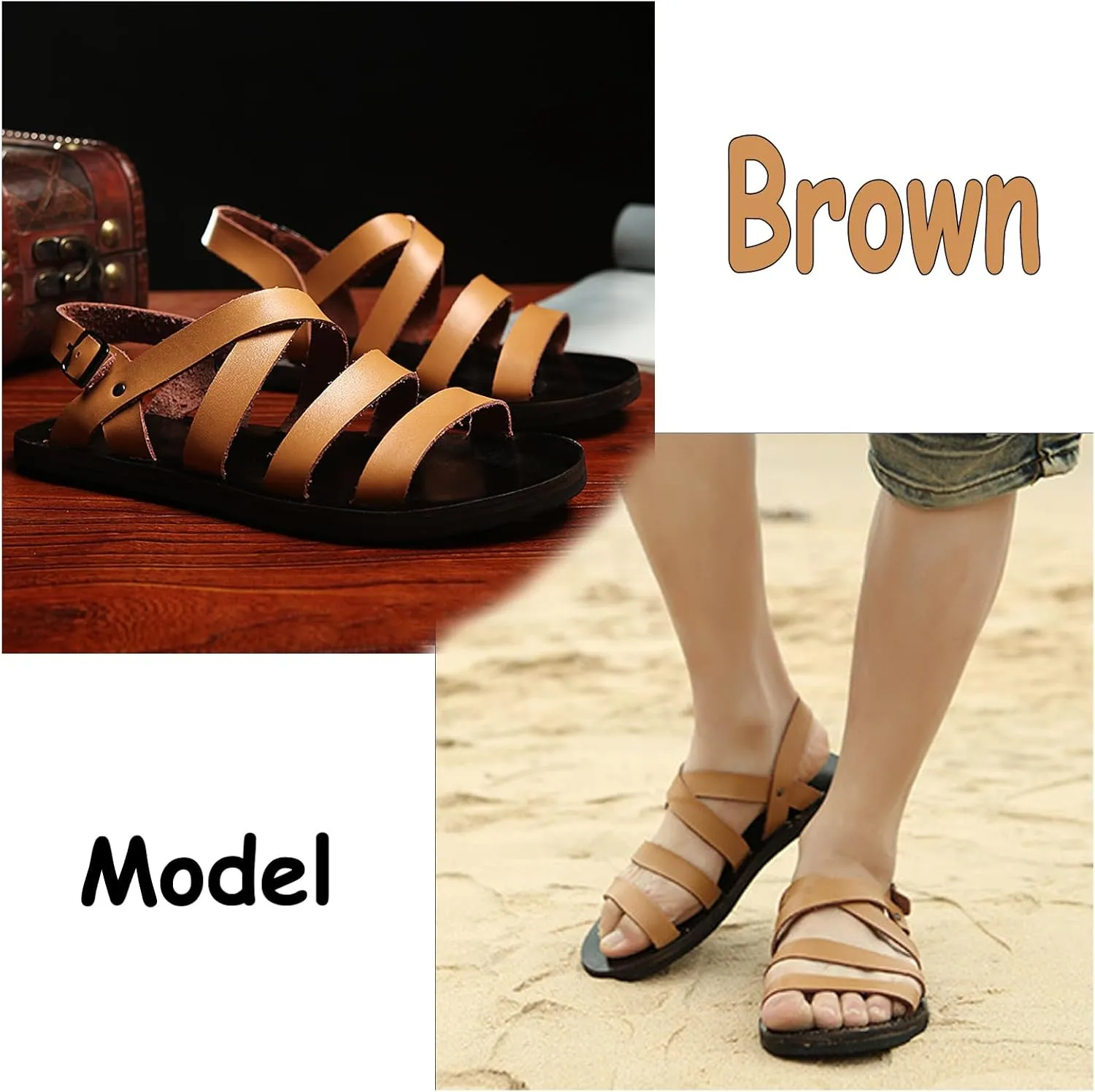 Men's Leather Cutout Flat Fisherman Sandals with Adjustable Ankle Buckle Lightweight Non-Slip Gladiator Sandals Fashion Open Toe Summer Beach Sandals