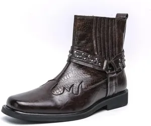Men's Leather Slip-On Ankle Boots Metallic Rivet Banded Accents W-Stitch Detailing Square Toe Flat Sole Durable Casual Footwear