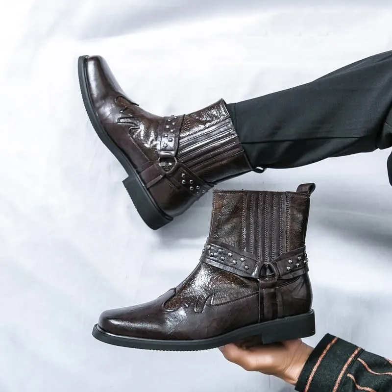 Men's Leather Slip-On Ankle Boots Metallic Rivet Banded Accents W-Stitch Detailing Square Toe Flat Sole Durable Casual Footwear