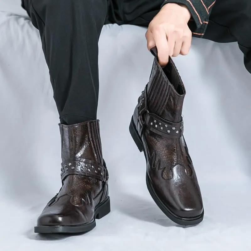 Men's Leather Slip-On Ankle Boots Metallic Rivet Banded Accents W-Stitch Detailing Square Toe Flat Sole Durable Casual Footwear