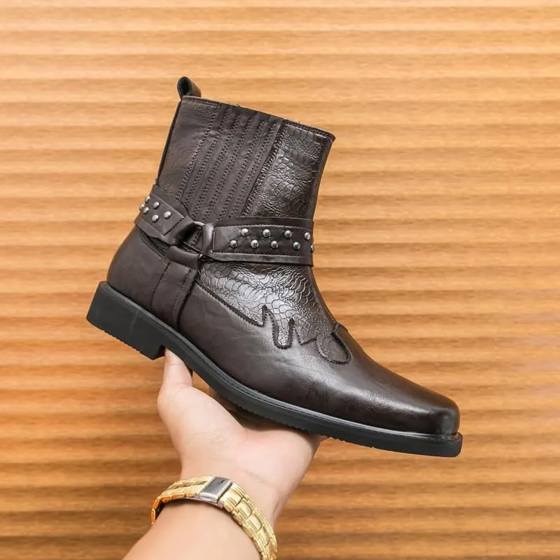 Men's Leather Slip-On Ankle Boots Metallic Rivet Banded Accents W-Stitch Detailing Square Toe Flat Sole Durable Casual Footwear